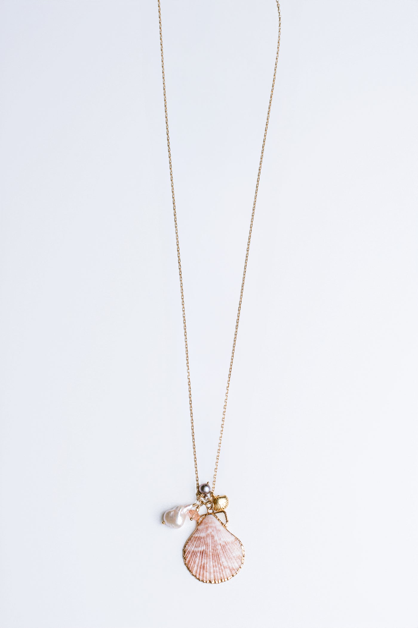 Lisa Marie Jewelry Long Shell, Pearl & Pink Crystal Necklace
