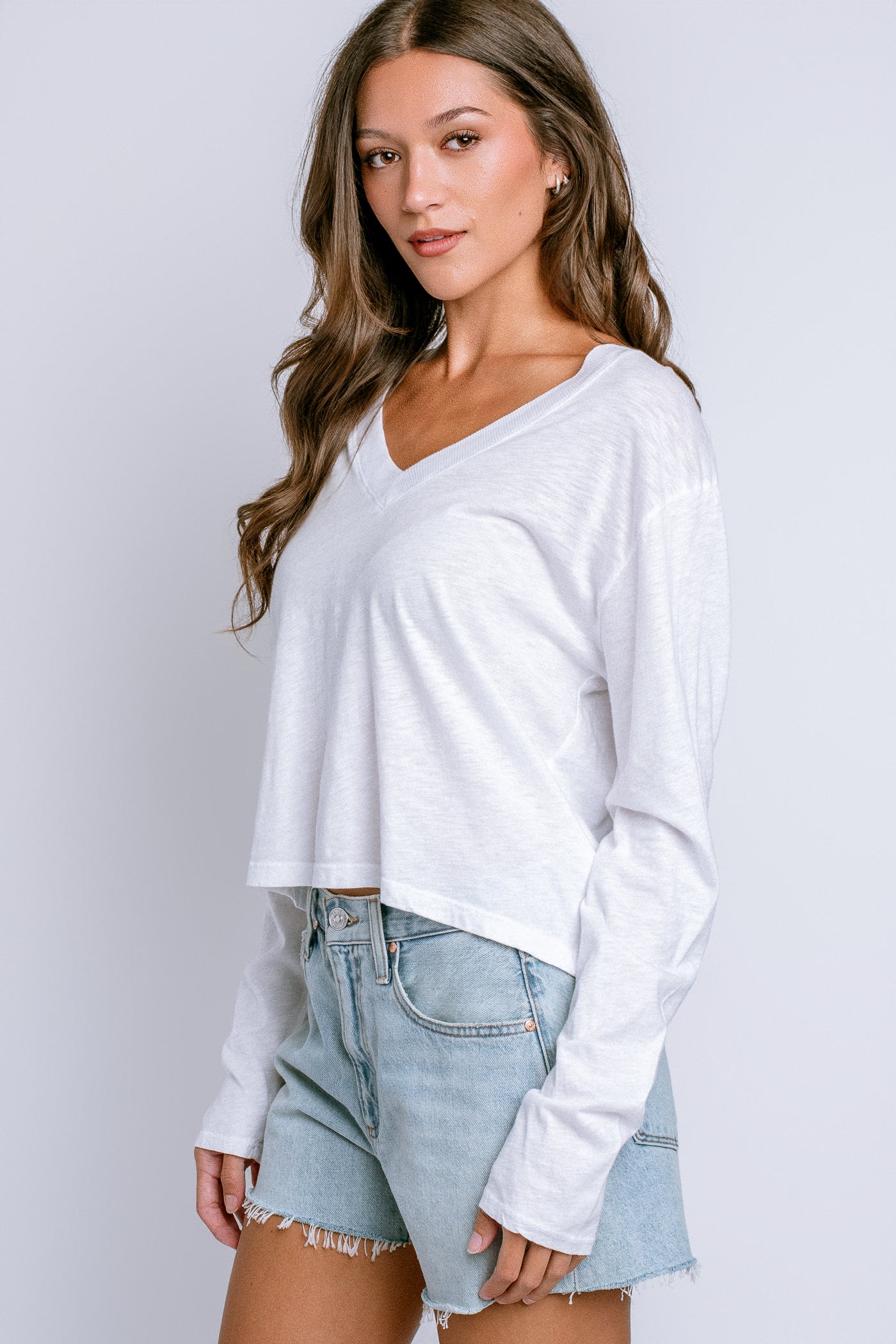 Michael Stars Brea Cropped V Neck Long Sleeve