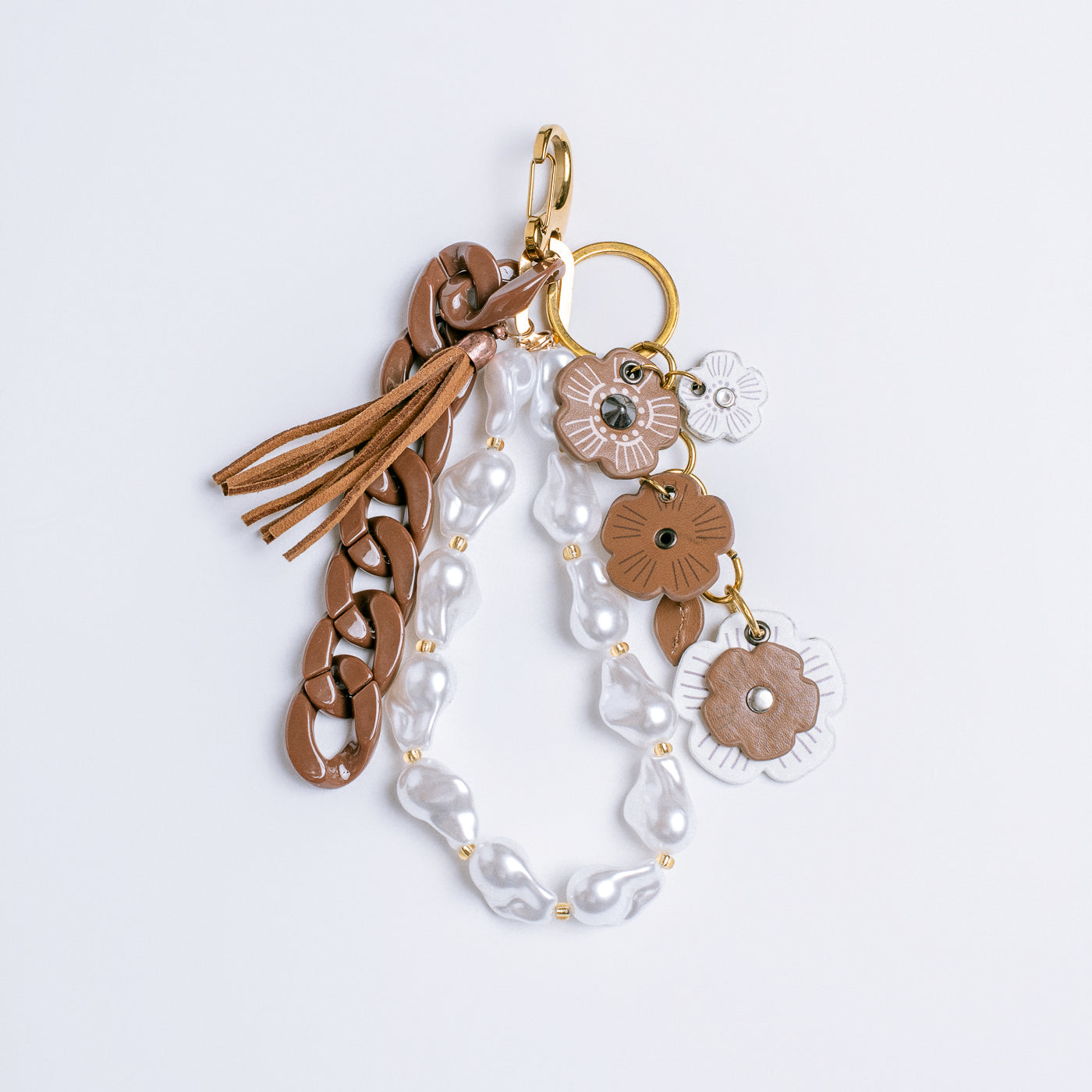 Brown & White Flowers Bag Charm