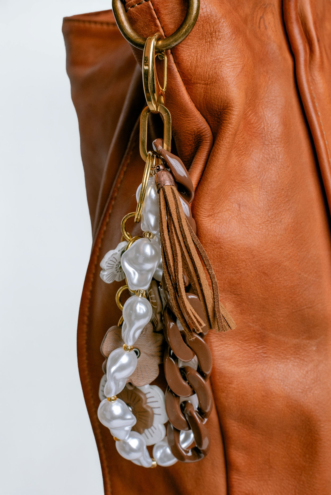 Brown & White Flowers Bag Charm