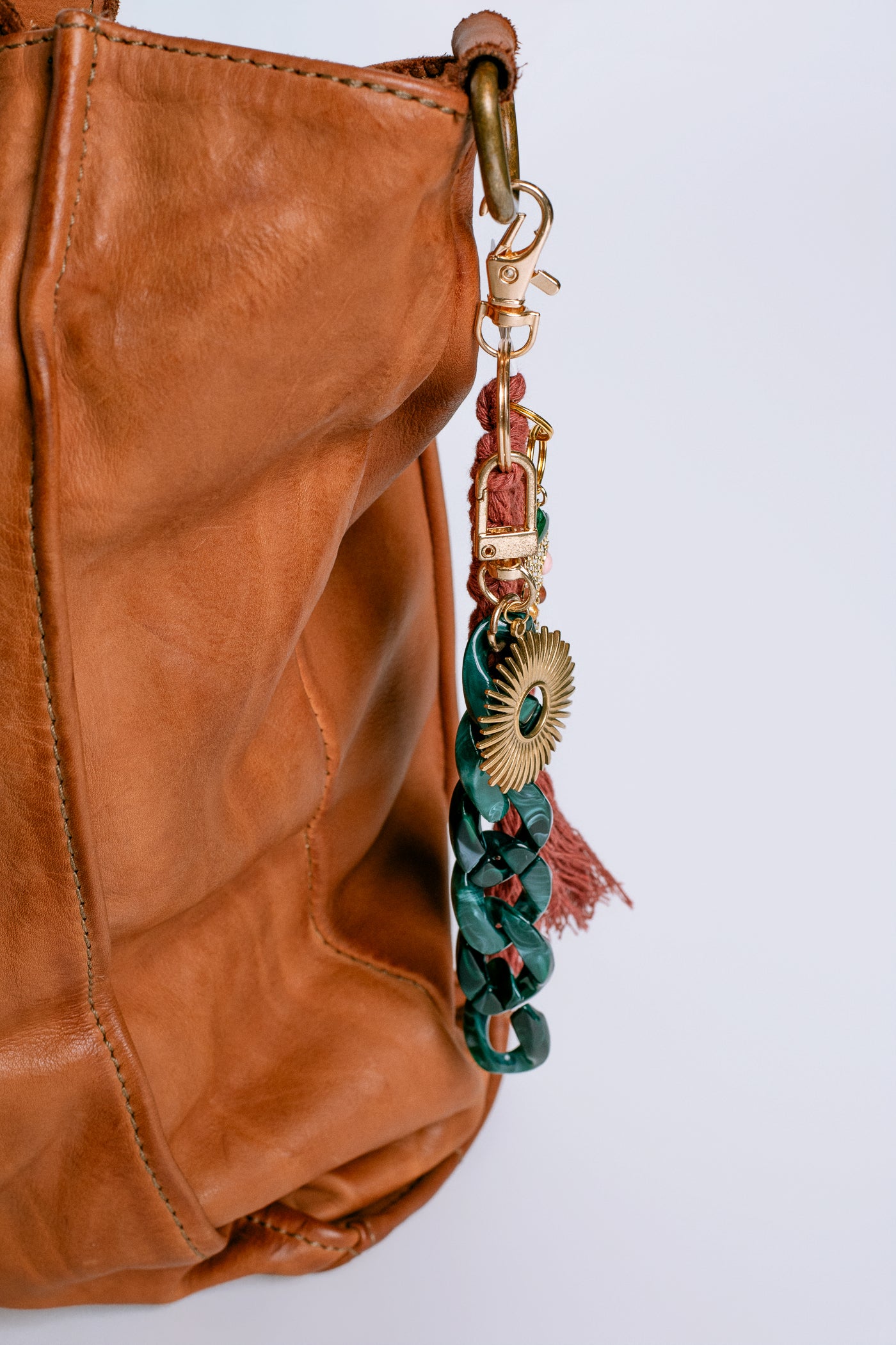 Sherwood Bridge Diamonds Green Chain & Mauve Crochet Bag Charm