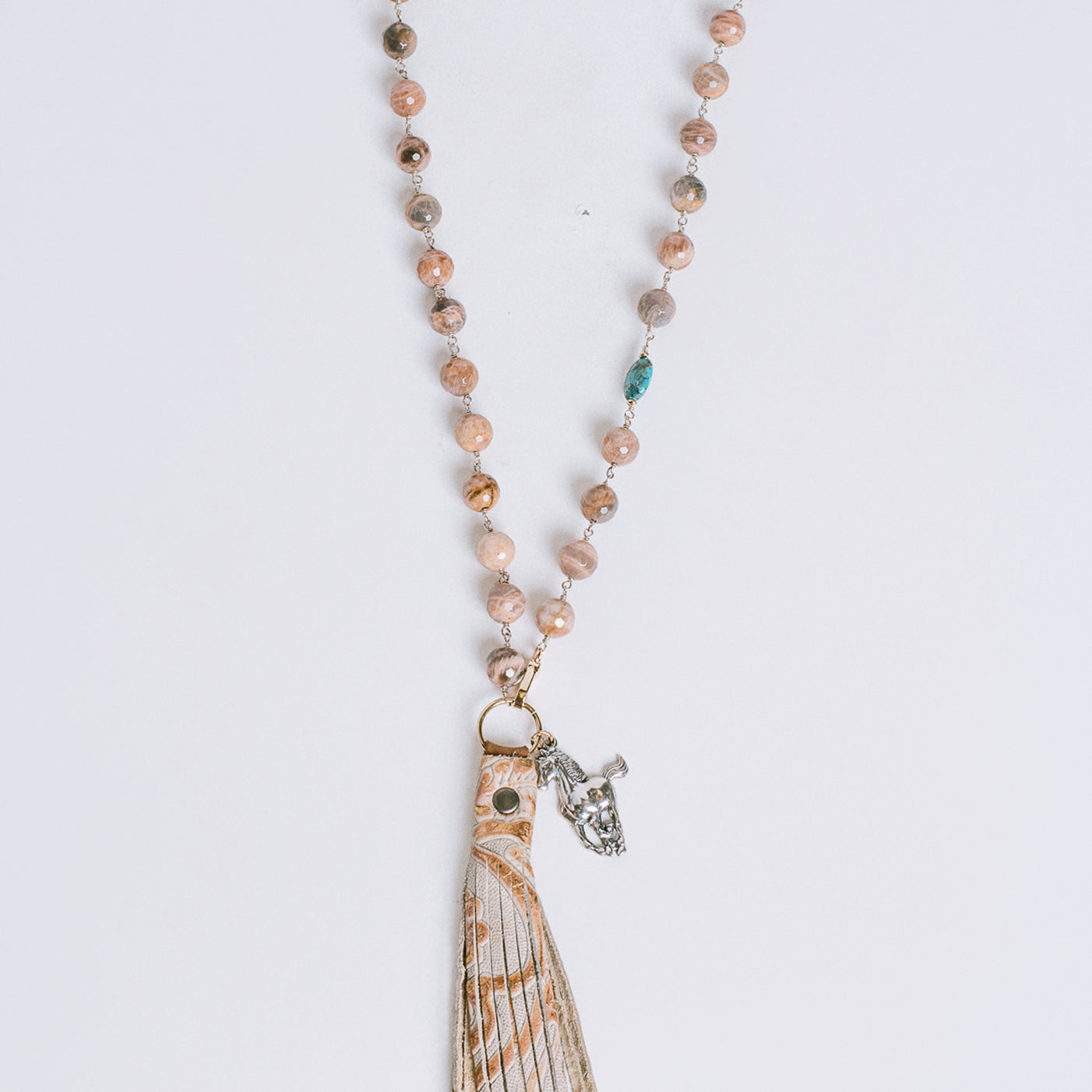 Lisa Marie Jewelry Moonstone, Leather Tassel, Silver Horse Long Necklace