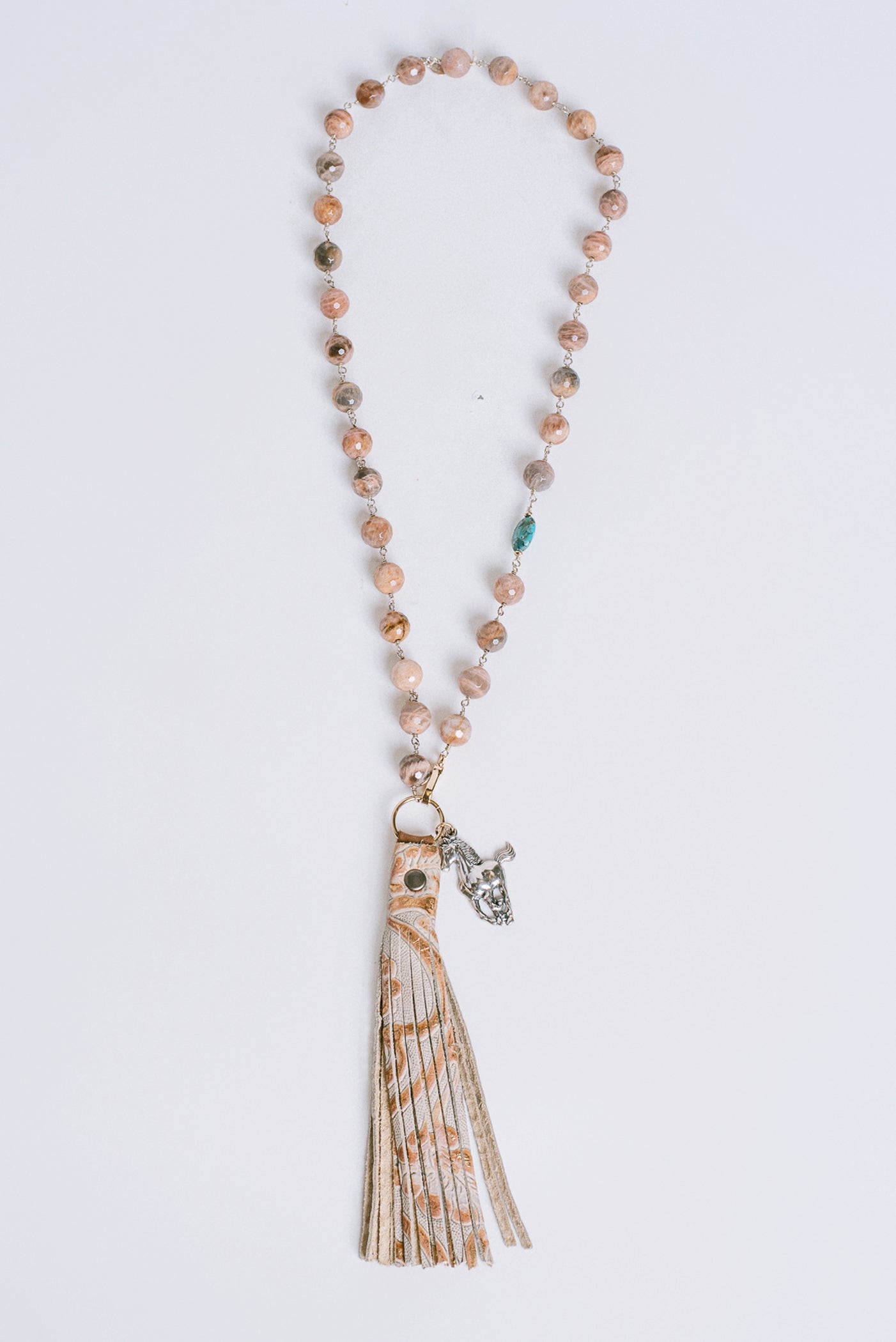 Lisa Marie Jewelry Moonstone, Leather Tassel, Silver Horse Long Necklace