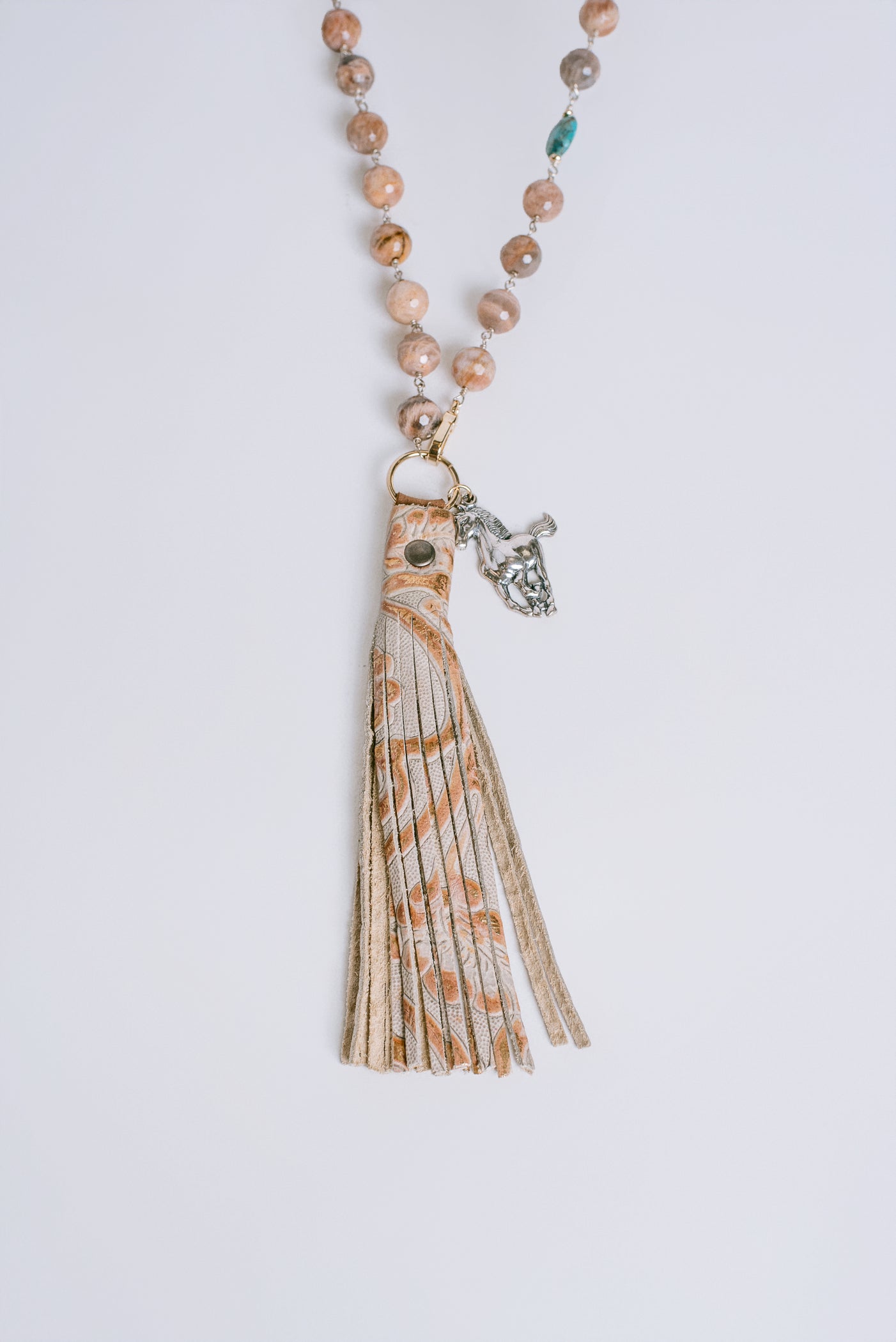 Lisa Marie Jewelry Moonstone, Leather Tassel, Silver Horse Long Necklace
