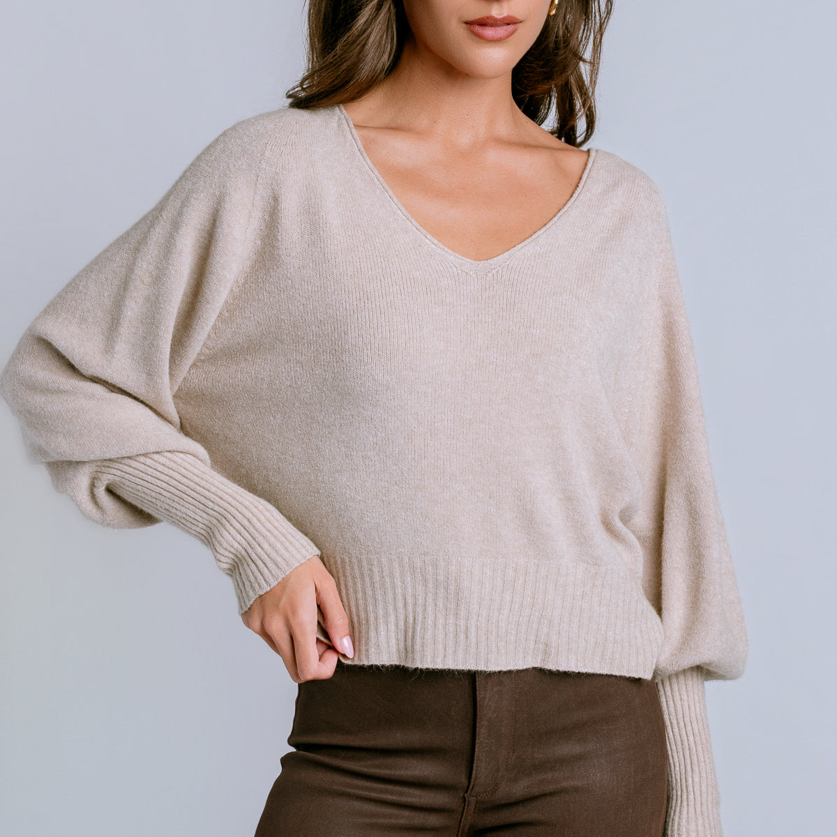 Bubble Sleeve V-Neck Sweater