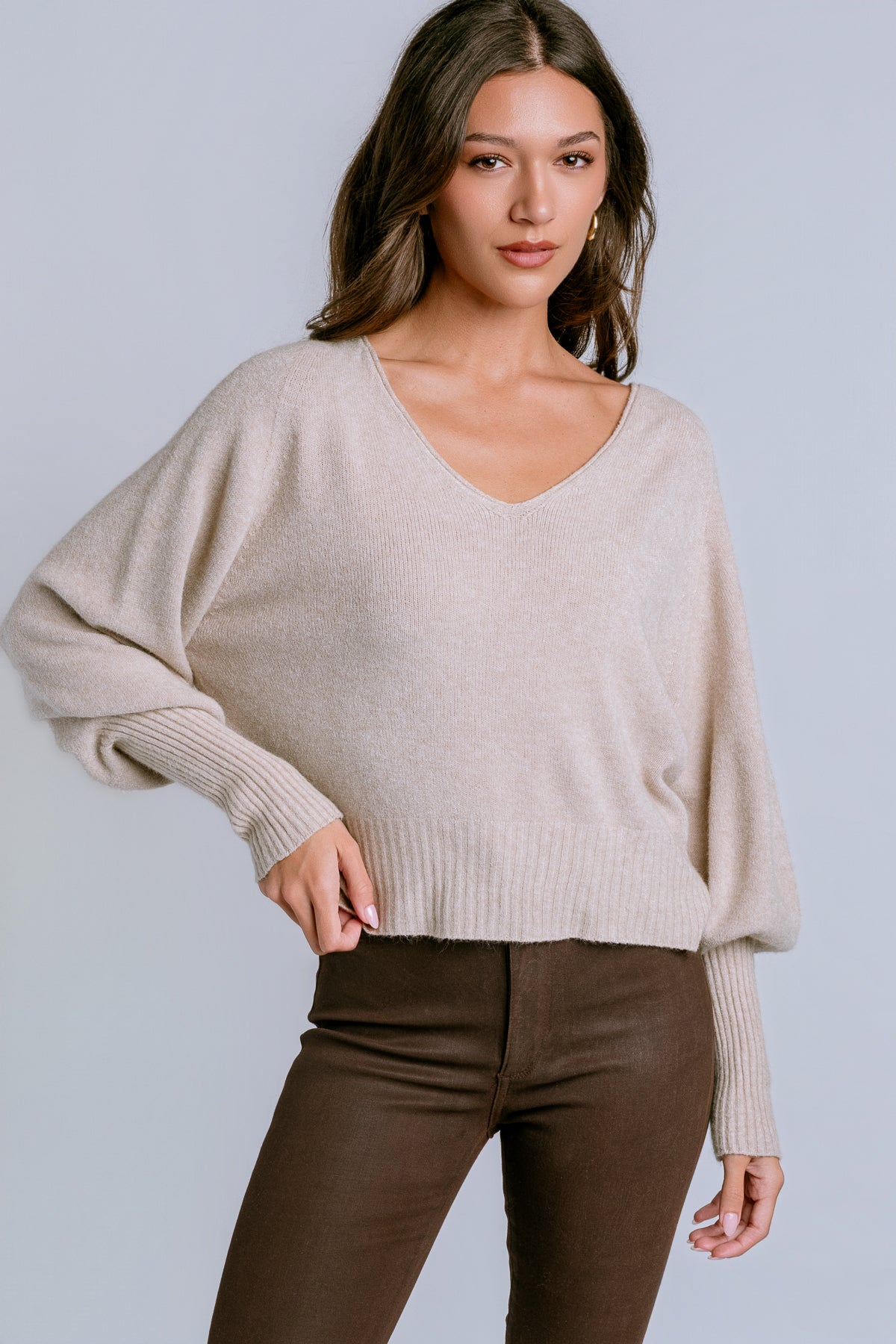 Bubble Sleeve V-Neck Sweater