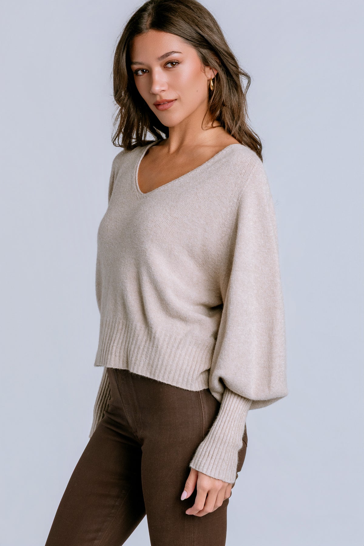 Bubble Sleeve V-Neck Sweater