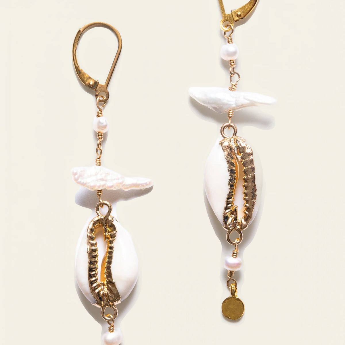Lisa Marie Jewelry Shell, Biwa Pearls, Gold Disc Earring