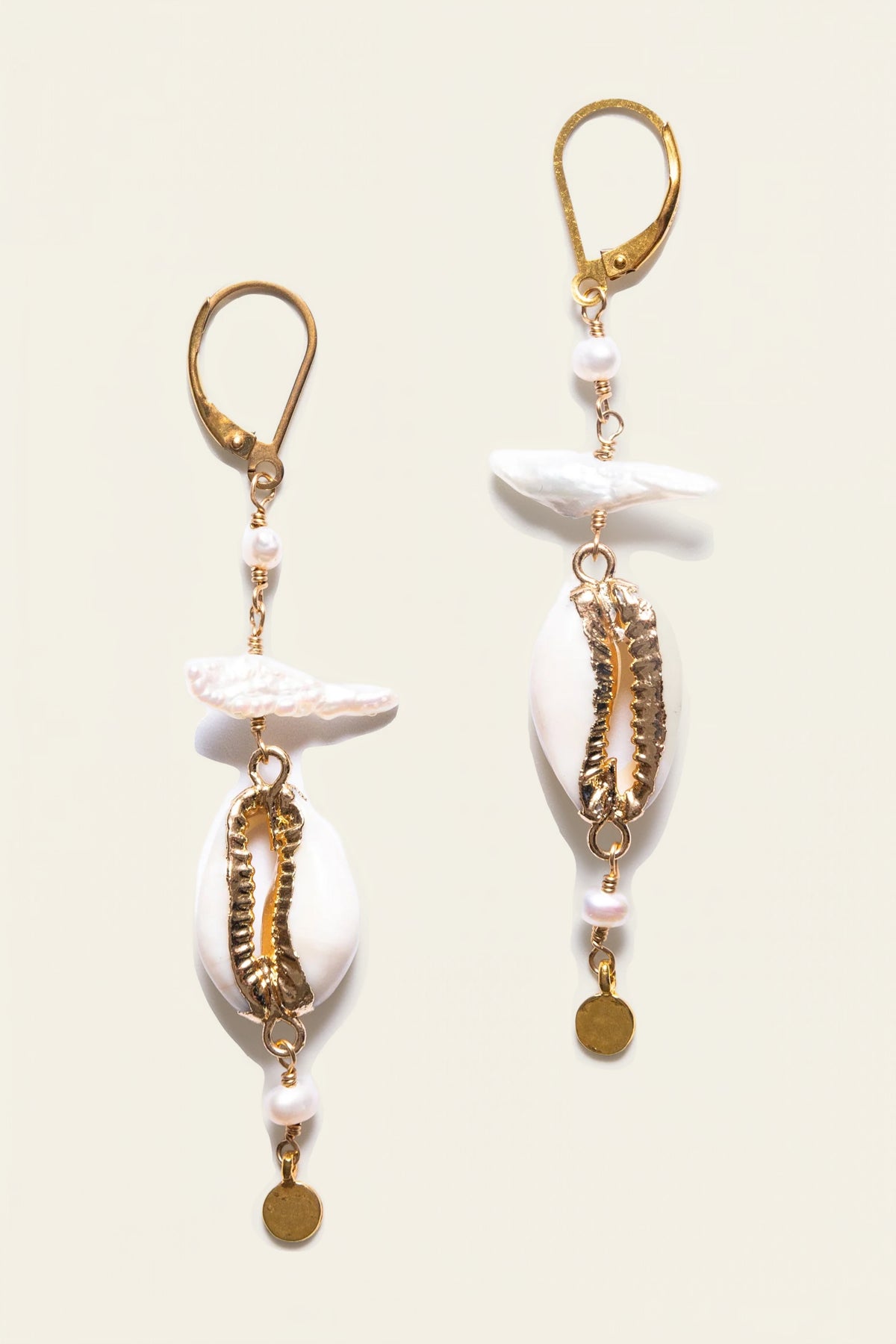 Lisa Marie Jewelry Shell, Biwa Pearls, Gold Disc Earring